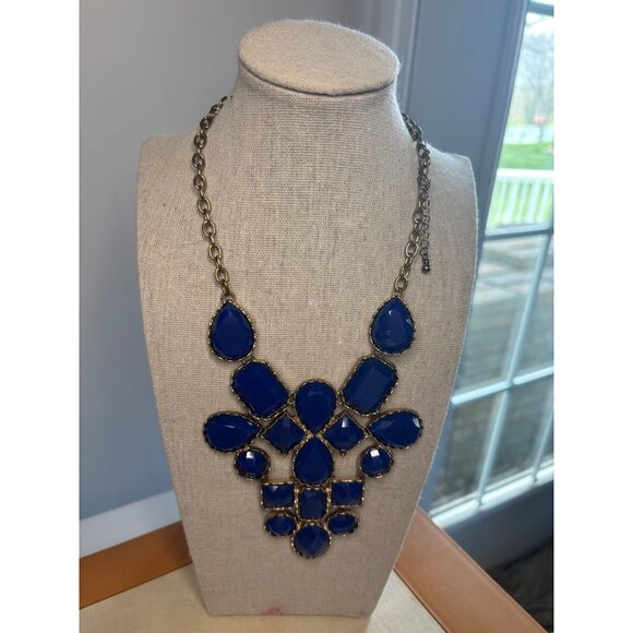 Cobalt Blue Statement Gold-Tone Chain Necklace With Bold Blue Gemstone Accents F - Picture 3 of 7